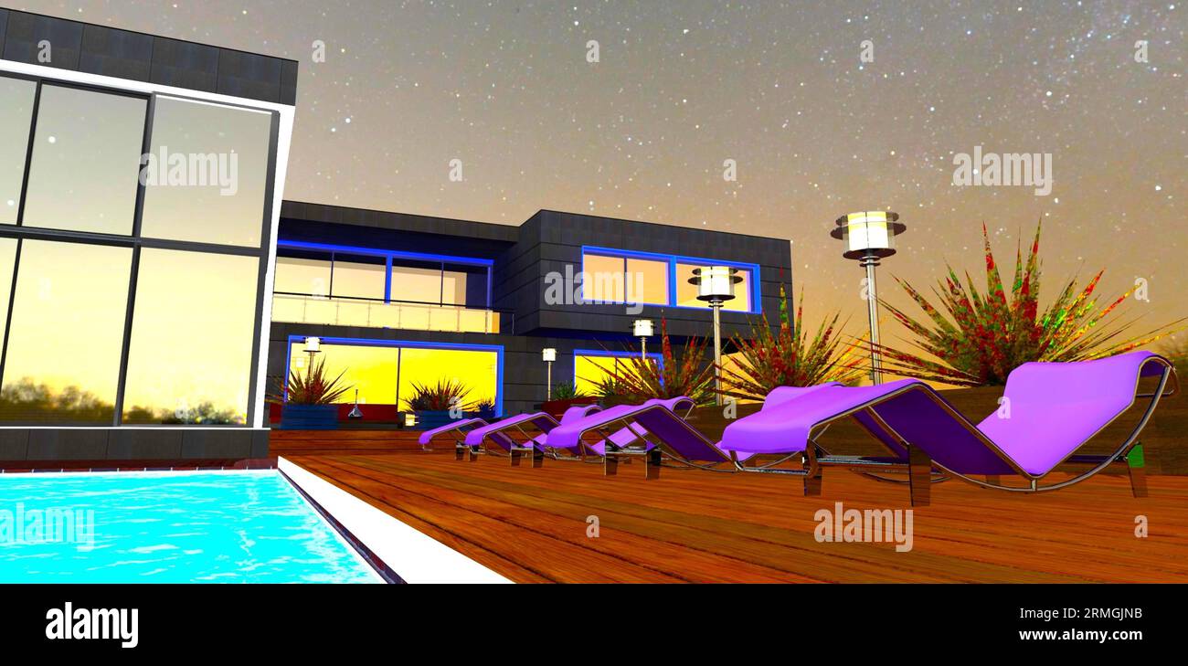Sedie a sdraio viola sul pavimento di legno vicino alla piscina di fronte alla facciata in vetro della casa avanzata. rendering 3d. Foto Stock