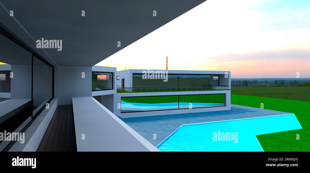 Lungo e stretto balcone della tenuta di campagna. Piscina blu sottostante. Foresta verde sullo sfondo. rendering 3d. Foto Stock