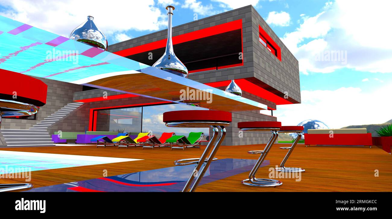 Sedie in acciaio sul ponte. Lettini prendisole di colori diversi vicino alla piscina di fronte alla residenza suburbana contemporanea. rendering 3d. Foto Stock