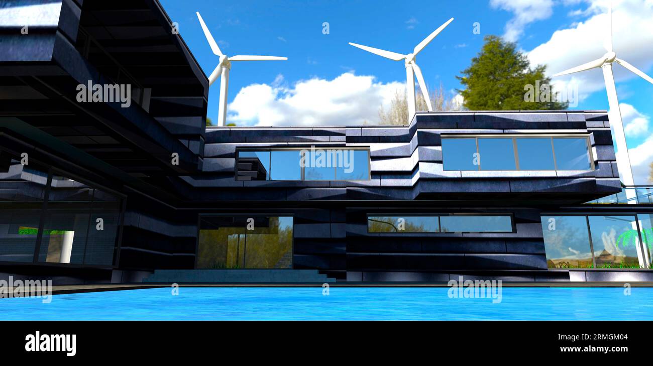 Vista dalla piscina all'uscita dal moderno cottage suburbano con rifiniture in pannelli 3D. rendering 3d. Foto Stock