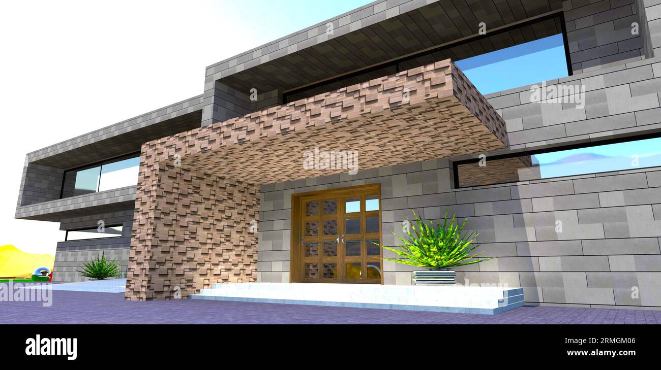 Vista del portico. Design esclusivo e contemporaneo. Facciata con pannelli in metallo, gradini in calcestruzzo illuminati e porta a battente in legno. rendering 3d. Foto Stock