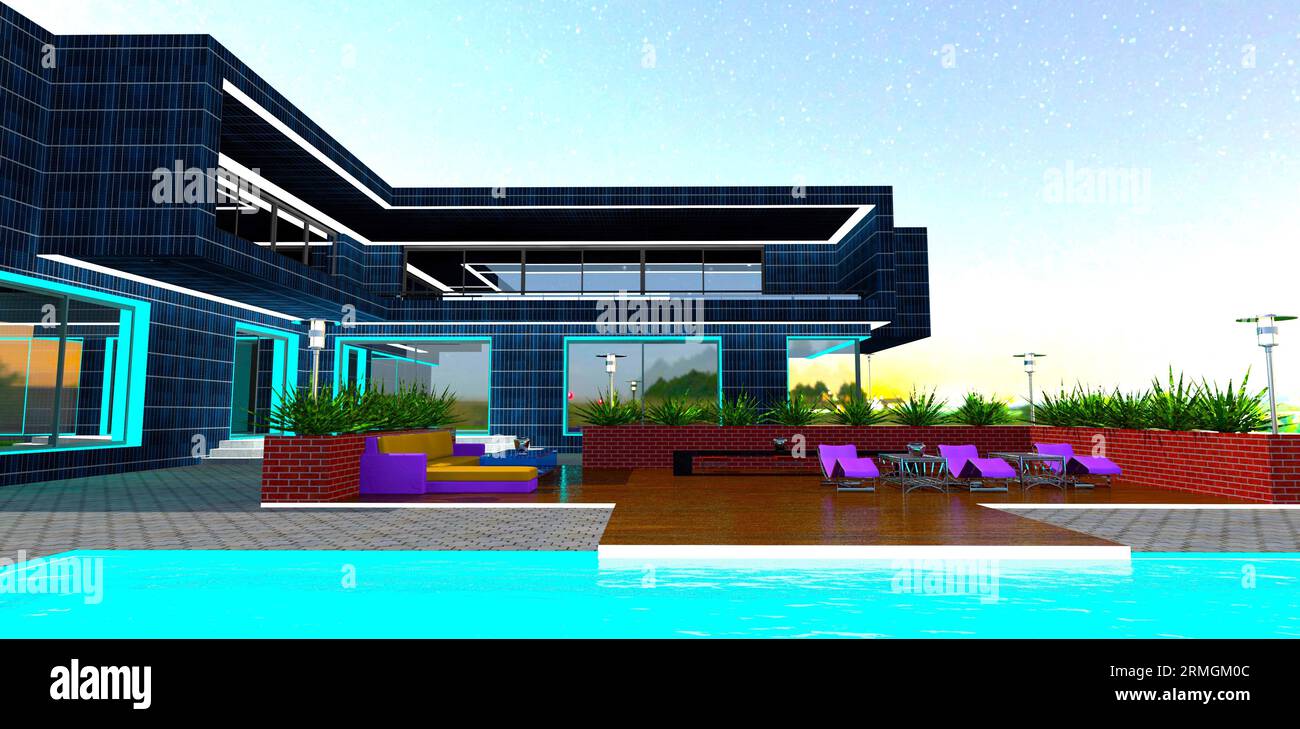 Calda notte d'estate. Accogliente area relax vicino alla moderna tenuta di campagna con elementi della facciata illuminata. rendering 3d. Foto Stock