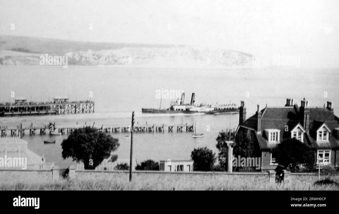 Molo di Swanage e piroscafo a pale, inizio anni '1900 Foto Stock