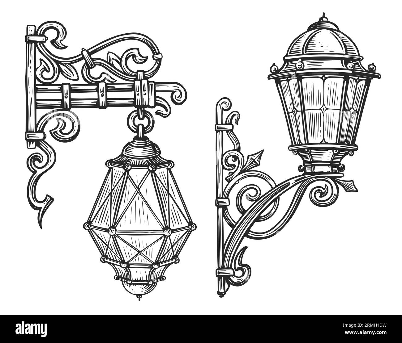 Lampione da parete in ferro battuto in stile incisione. Illustrazione vintage dello schizzo delle lanterne Foto Stock