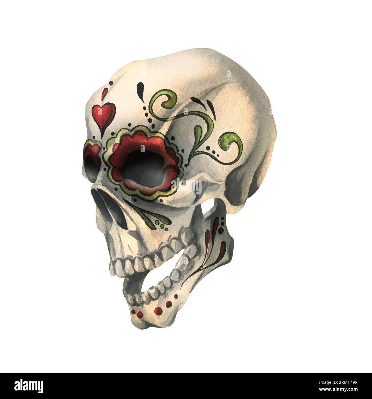 Il profilo del cranio umano con un ornamento dipinto è malvagio, terribile, spettrale. Illustrazione ad acquerello disegnata a mano per il giorno dei morti, halloween, dia de los Foto Stock