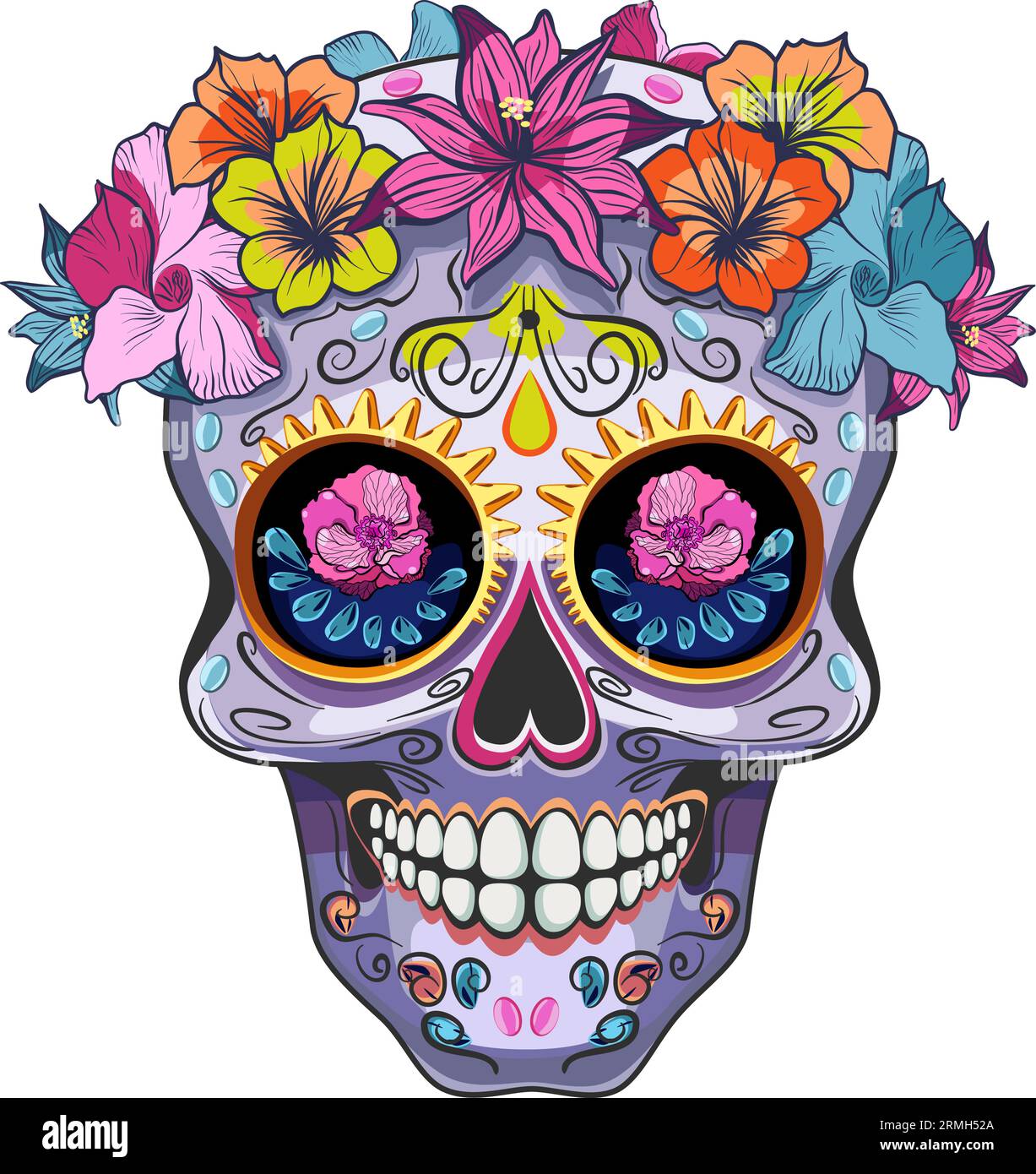 Un cranio con una corona di fiori illustrazione vettoriale Illustrazione Vettoriale