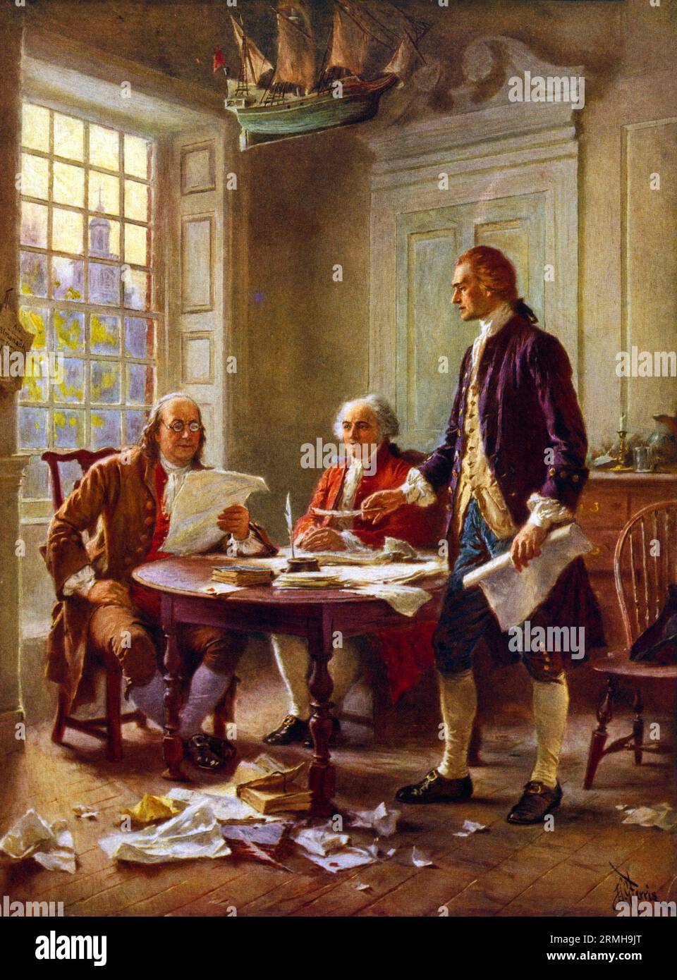 Stesura della dichiarazione d'indipendenza, 1776. Thomas Jefferson, Benjamin Franklin e John Adams si incontrano presso l'alloggio di Jefferson a Filadelfia, per rivedere una bozza della dichiarazione di indipendenza. Foto Stock