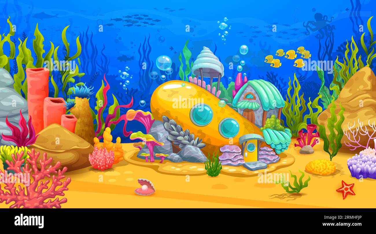 Paesaggio sottomarino con case sottomarine sul fondo, fondo sottomarino vettoriale. Oceano sottomarino dimora di creature marine in bagno Illustrazione Vettoriale