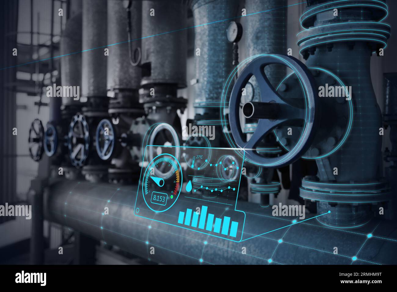 Digitalizzazione, interfaccia utente per il controllo dei processi. Valvole della pompa in produzione con sovrapposizione virtuale dello schermo Foto Stock