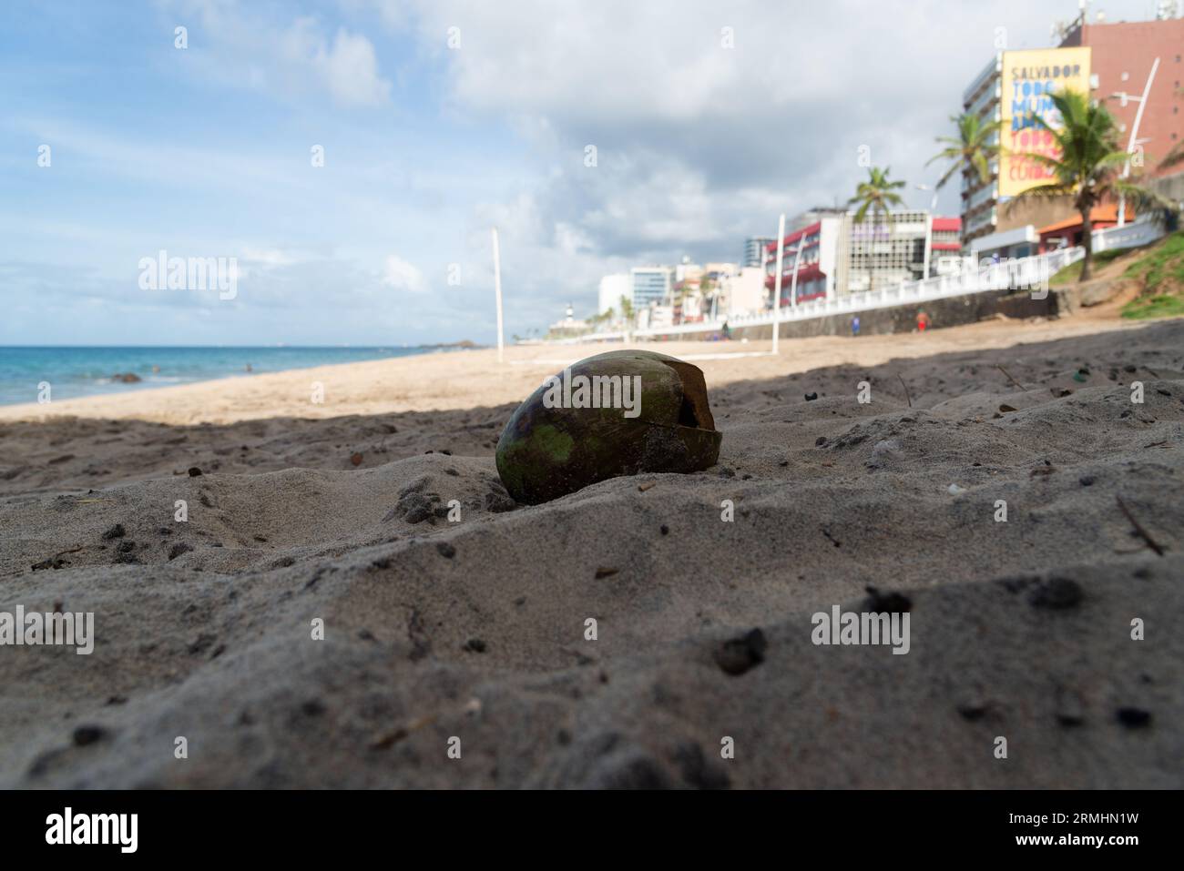 Una noce di cocco con un buco gettato nella sabbia sulla spiaggia. Mancanza di consapevolezza dell'ambiente. Foto Stock