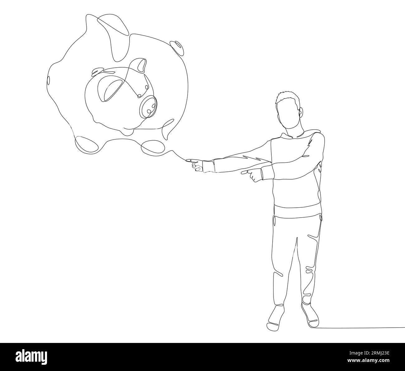 Una linea continua di uomo che punta con il dito al Piggy Bank. Concetto vettoriale illustrazione a linee sottili. Idee creative per disegnare contorni. Illustrazione Vettoriale