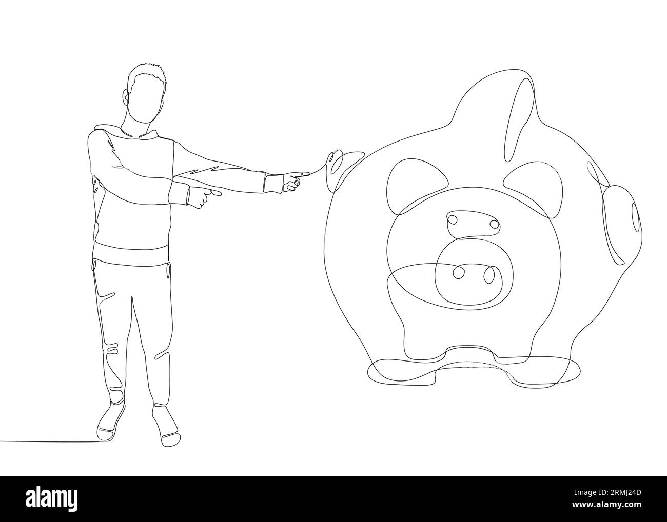 Una linea continua di uomo che punta con il dito al Piggy Bank. Concetto vettoriale illustrazione a linee sottili. Idee creative per disegnare contorni. Illustrazione Vettoriale