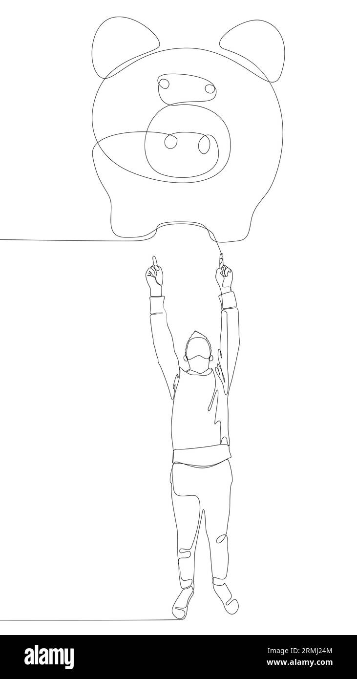 Una linea continua di uomo che punta con il dito al Piggy Bank. Concetto vettoriale illustrazione a linee sottili. Idee creative per disegnare contorni. Illustrazione Vettoriale