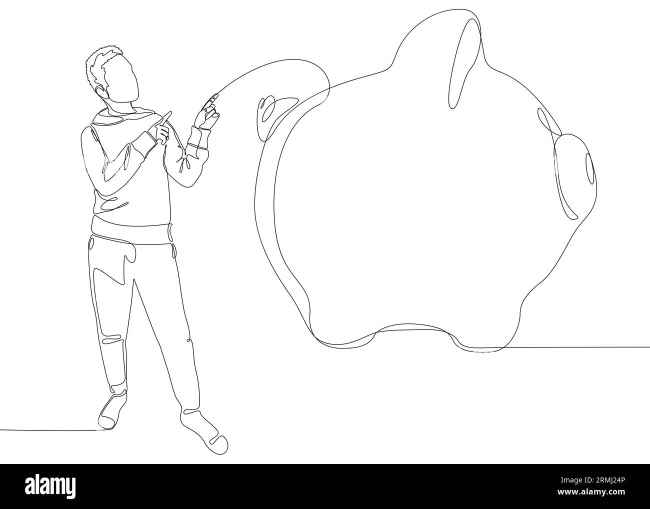 Una linea continua di uomo che punta con il dito al Piggy Bank. Concetto vettoriale illustrazione a linee sottili. Idee creative per disegnare contorni. Illustrazione Vettoriale