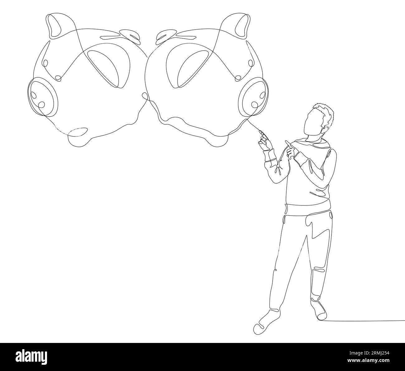 Una linea continua di uomo che punta con il dito al Piggy Bank. Concetto vettoriale illustrazione a linee sottili. Idee creative per disegnare contorni. Illustrazione Vettoriale