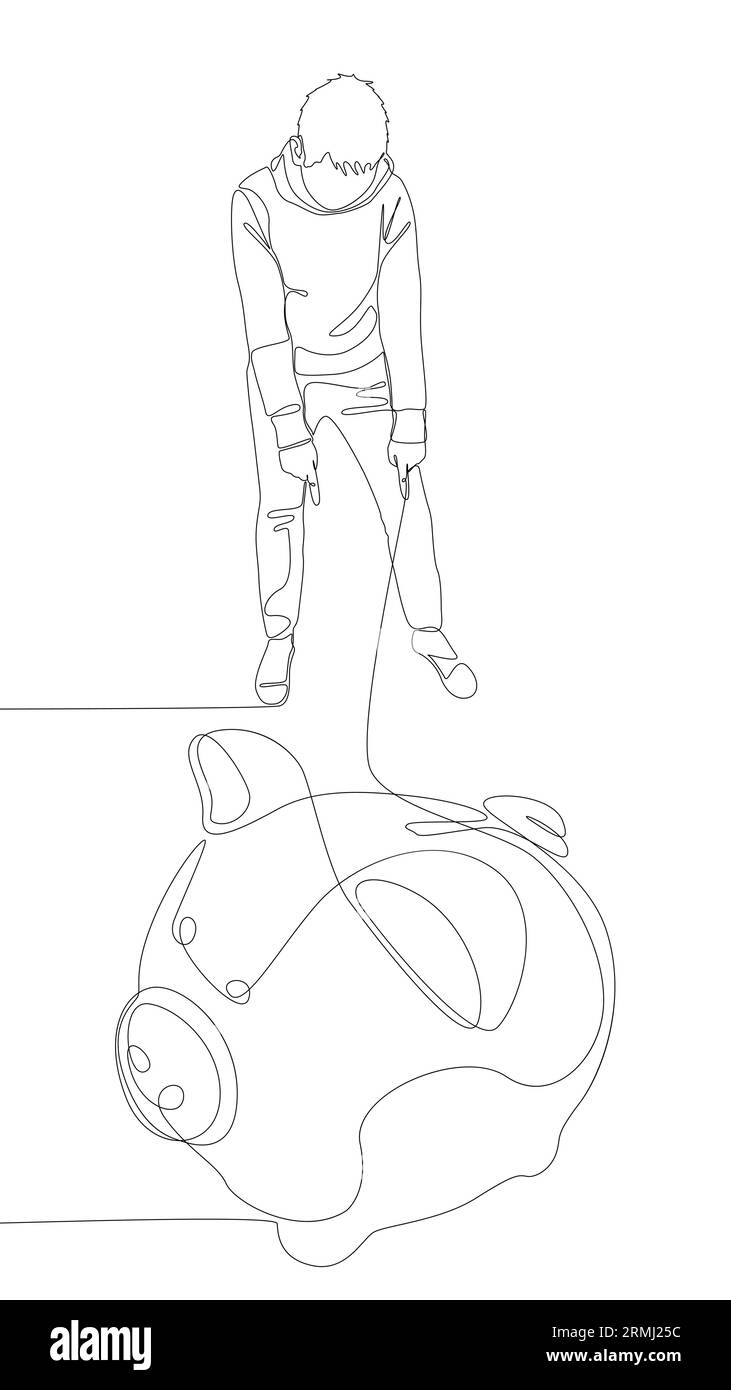 Una linea continua di uomo che punta con il dito al Piggy Bank. Concetto vettoriale illustrazione a linee sottili. Idee creative per disegnare contorni. Illustrazione Vettoriale