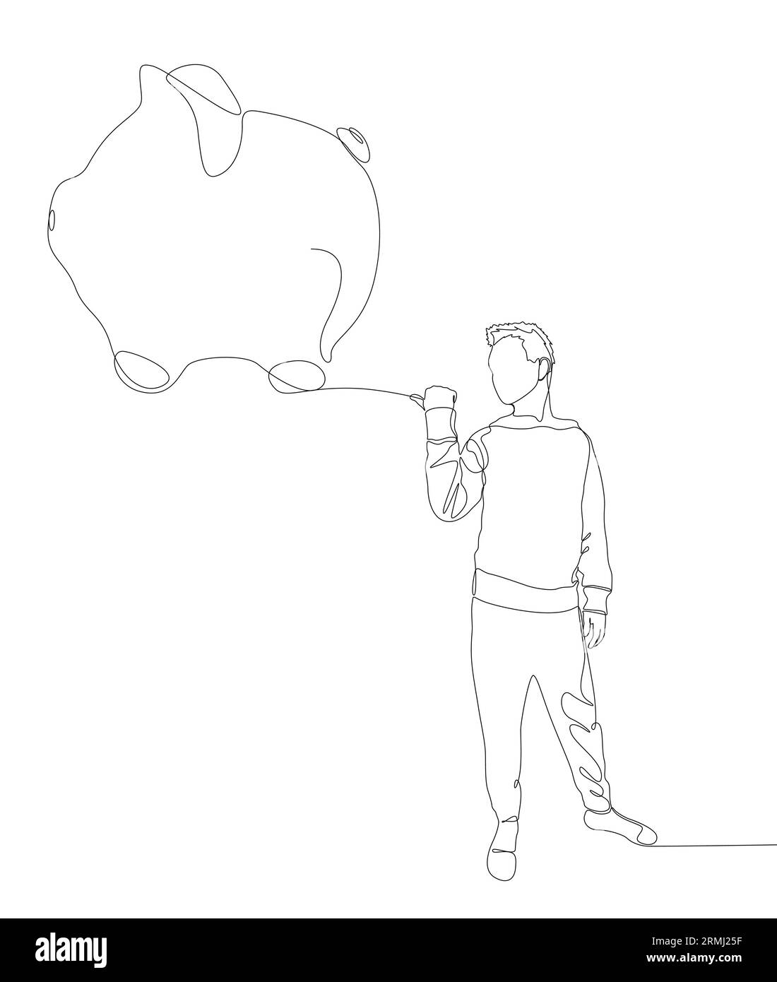 Una linea continua di uomo che punta con il dito al Piggy Bank. Concetto vettoriale illustrazione a linee sottili. Idee creative per disegnare contorni. Illustrazione Vettoriale
