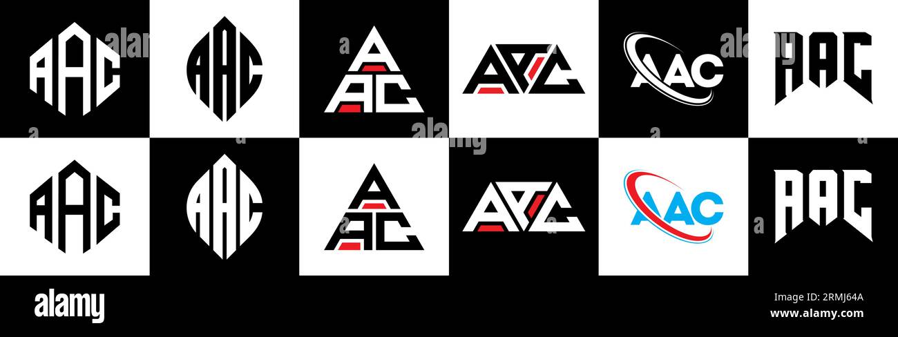 Logo AAC Letter in sei stili. Poligono AAC, cerchio, triangolo, esagonale, stile semplice e piatto con logo lettera di variazione di colore bianco e nero Illustrazione Vettoriale