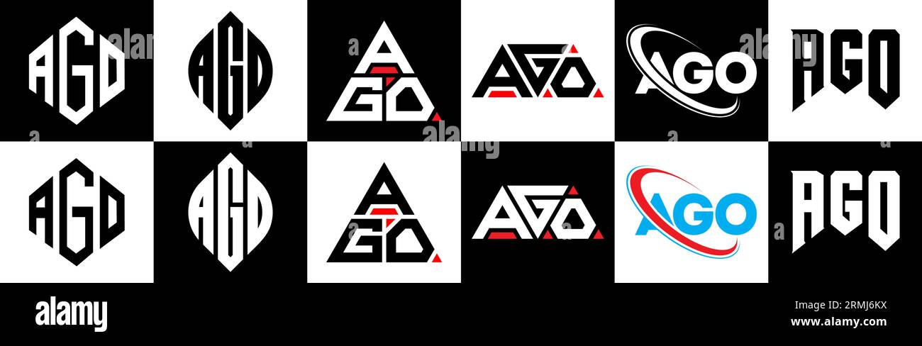 Design con logo AGO Letter in stile sei. AGO stile poligono, cerchio, triangolo, esagonale, piatto e semplice con logo lettera di variazione di colore bianco e nero Illustrazione Vettoriale