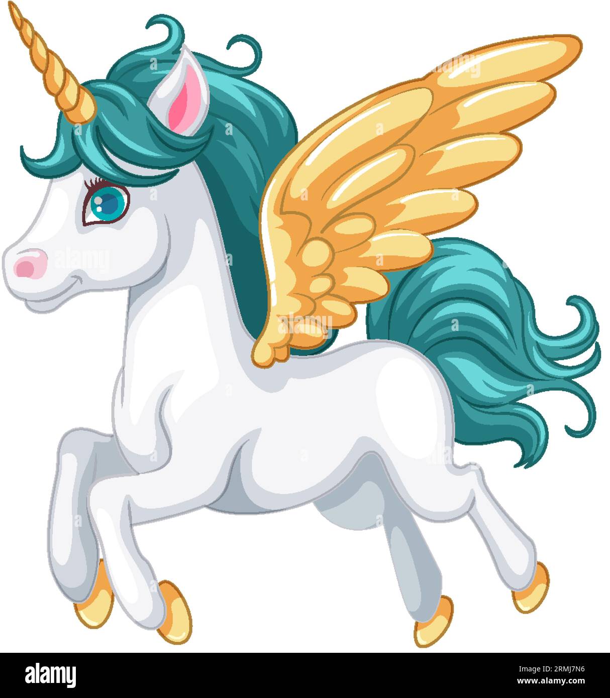 Un'allegra illustrazione animata di un unicorno che vola con le sue ali spalancate Illustrazione Vettoriale