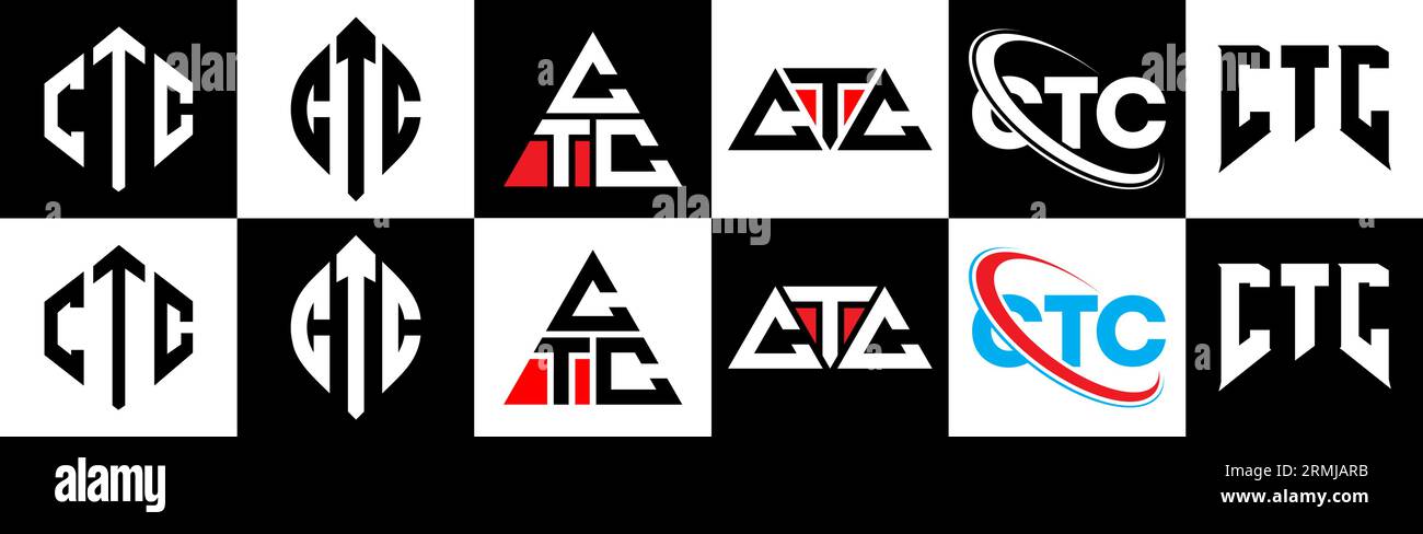 Logo CTC Letter in sei stili. Poligono CTC, cerchio, triangolo, esagonale, stile semplice e piatto con logo lettera di variazione di colore bianco e nero Illustrazione Vettoriale