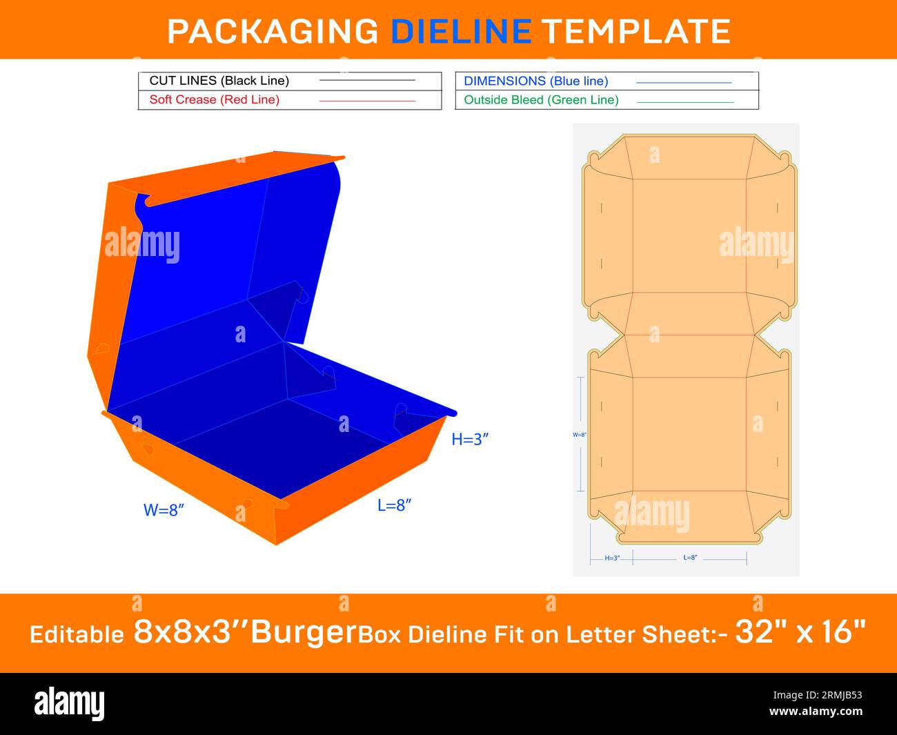 Modello linea di stampo Burger Box 8x8x3'' SVG, ai, EPS, PDF, JPG, file PNG Illustrazione Vettoriale