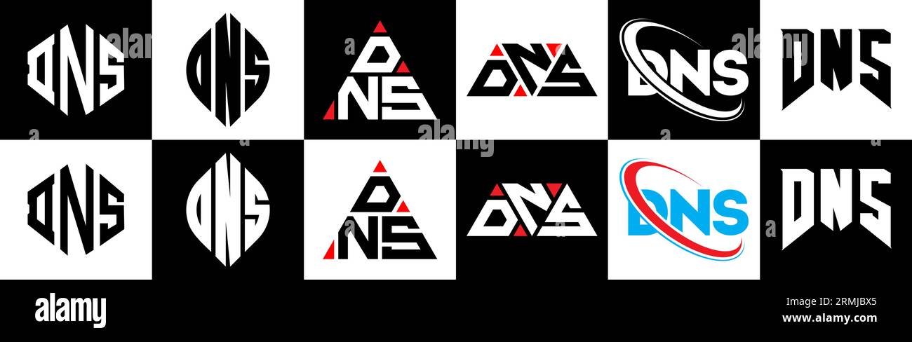 Logo DNS Letter in sei stili. Poligono DNS, cerchio, triangolo, esagonale, stile semplice e piatto con logo lettera di variazione colore bianco e nero Illustrazione Vettoriale