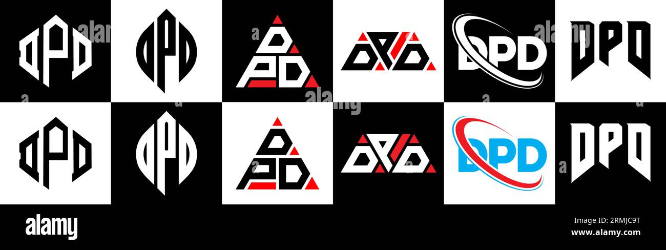 Logo DPD Letter in sei stili. Poligono DPD, cerchio, triangolo, esagonale, stile piatto e semplice con logo lettera di variazione colore bianco e nero Illustrazione Vettoriale