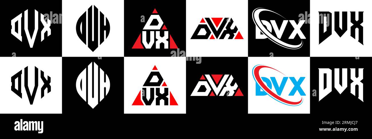 Logo DVX Letter in sei stili. DVX poligono, cerchio, triangolo, esagonale, stile semplice e piatto con logo lettera di variazione colore bianco e nero Illustrazione Vettoriale