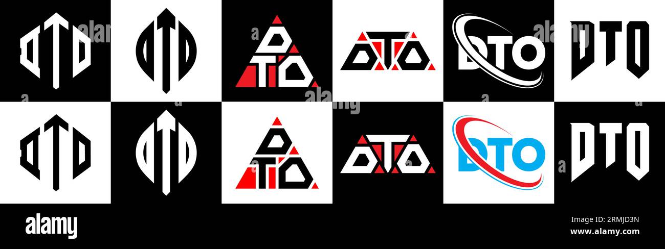 Logo DTO Letter in sei stili. Poligono, cerchio, triangolo, esagono, stile semplice e piatto con logo lettera di variazione colore bianco e nero Illustrazione Vettoriale