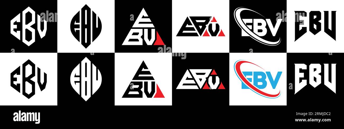 Logo EBV Letter in sei stili. Poligono EBV, cerchio, triangolo, esagonale, stile piatto e semplice con logo lettera di variazione colore bianco e nero Illustrazione Vettoriale