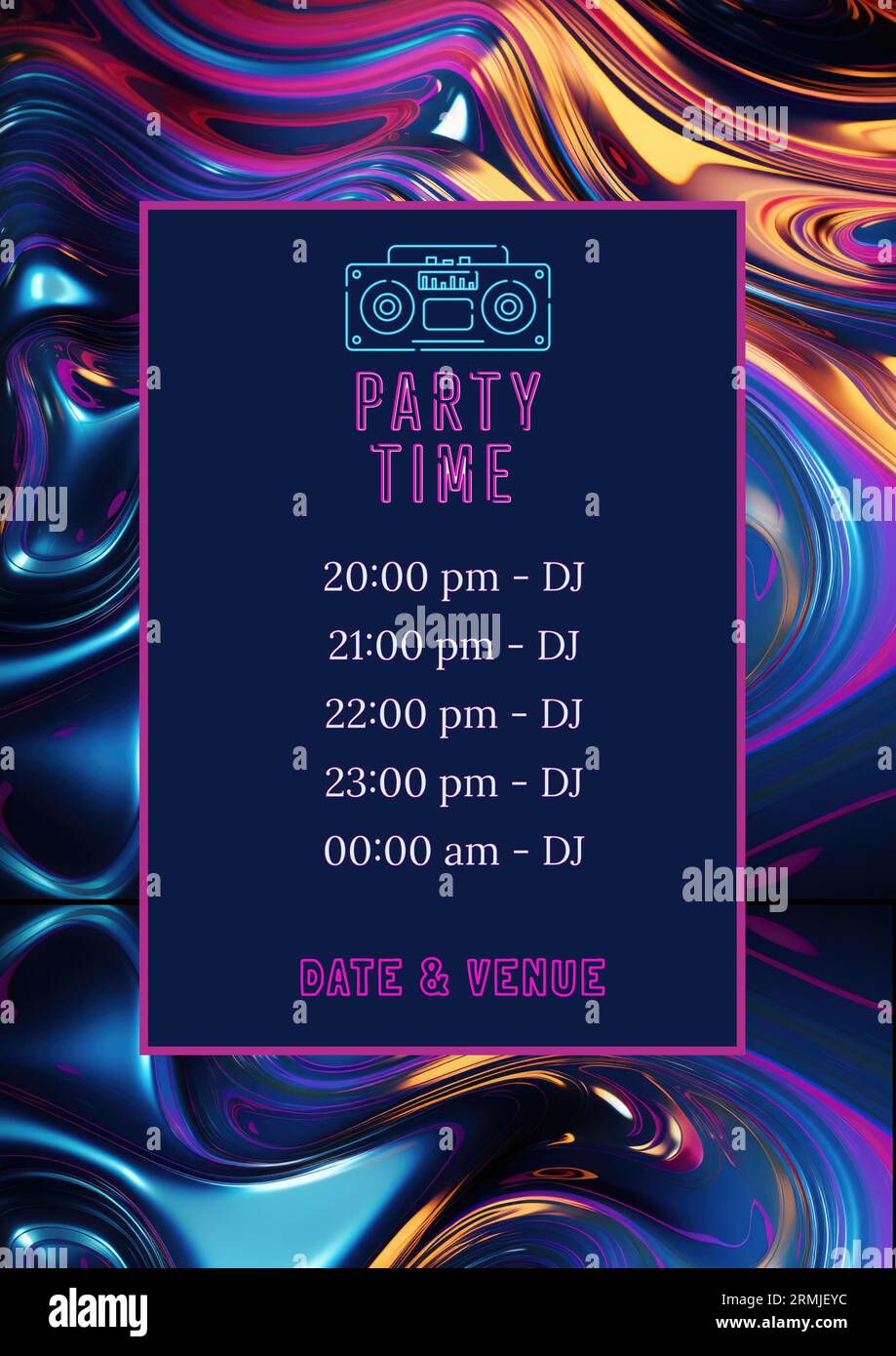 Illustrazione del boom box con l'ora della festa, la data, il luogo, il dj e il testo degli orari sullo sfondo astratto. Poster, modello, evento, programma, celebra e des Foto Stock