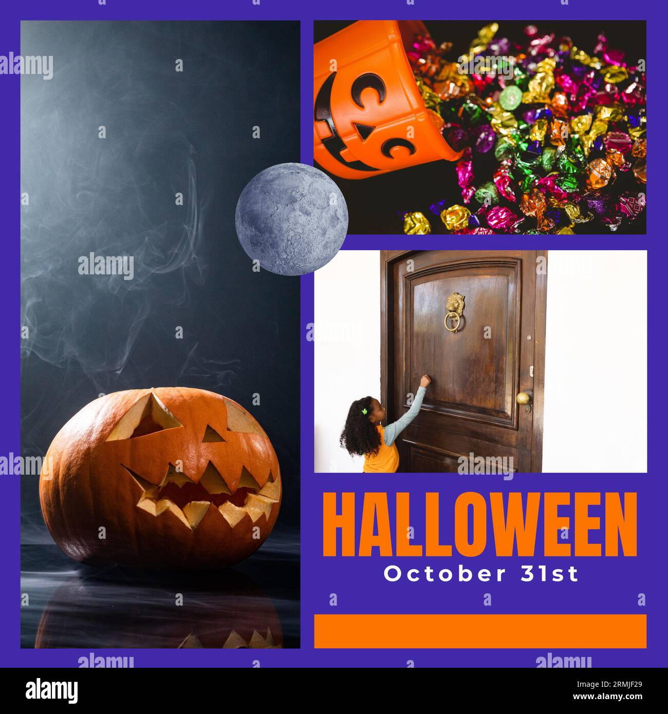 Halloween e 31 ottobre testo, jack o lantern, caramelle, ragazza afroamericana bussare alla porta Foto Stock