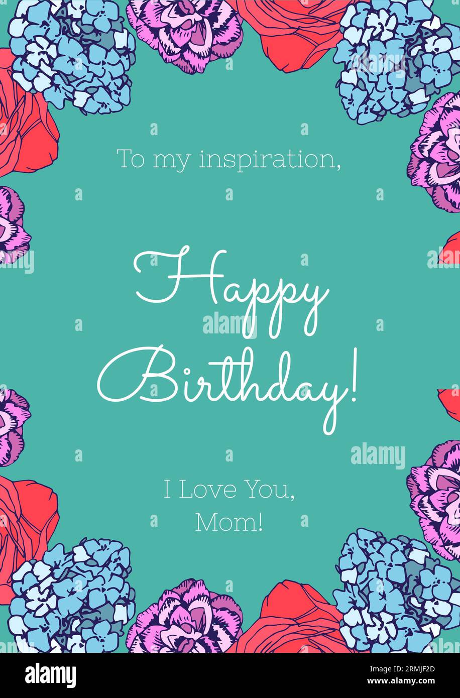 Illustrazione di fiori, alla mia ispirazione, buon compleanno, ti amo il testo della mamma su sfondo blu Foto Stock