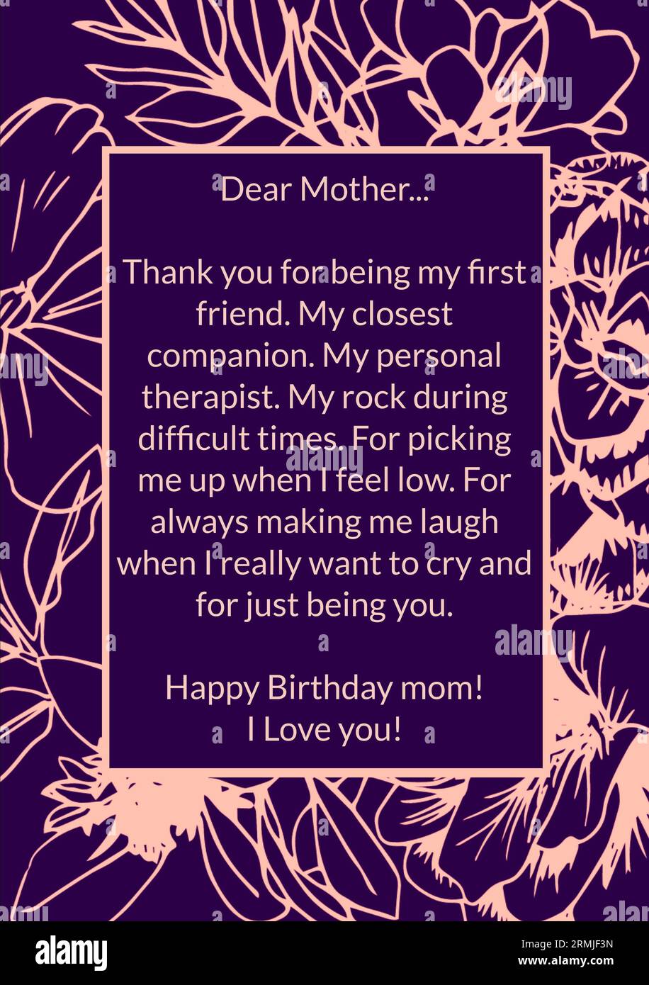 Illustrazione di note per la madre con buon compleanno mamma e ti amo testo su motivo floreale Foto Stock