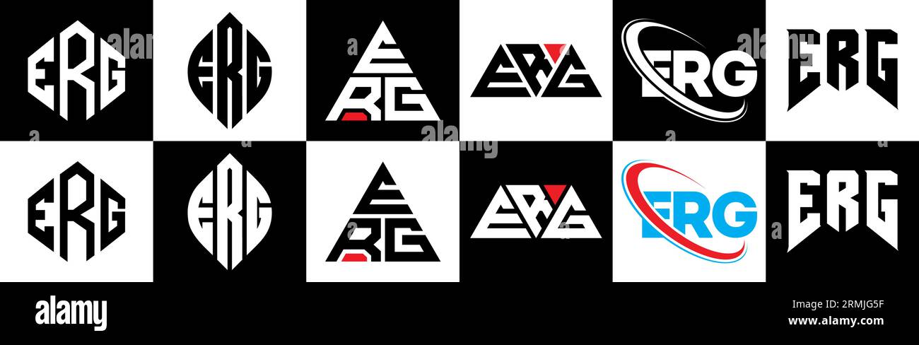 Logo ERG Letter in stile sei. Poligono ERG, cerchio, triangolo, esagonale, semplice e piatto con logo lettera di variazione di colore bianco e nero Illustrazione Vettoriale