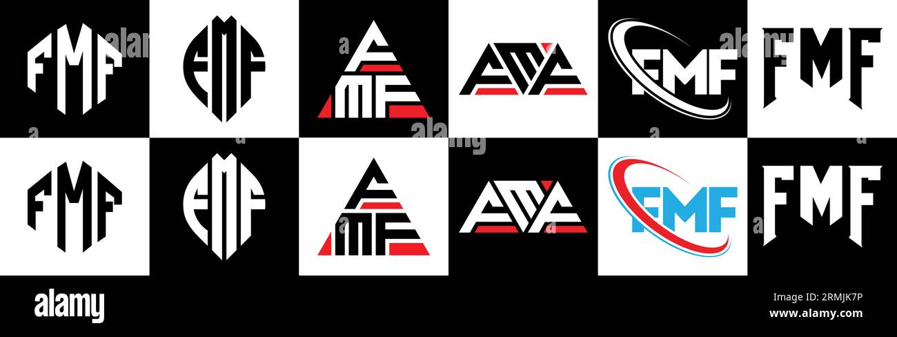 Logo FMF Letter in sei stili. Poligono FMF, cerchio, triangolo, esagonale, stile semplice e piatto con logo lettera di variazione di colore bianco e nero Illustrazione Vettoriale