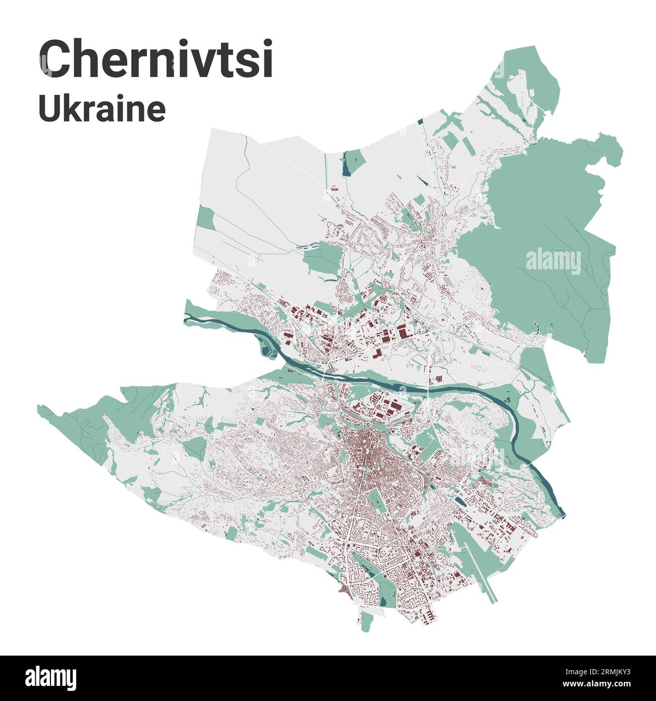 Mappa di Chernivtsi, città in Ucraina. Mappa dell'area amministrativa municipale con edifici, fiumi e strade, parchi e ferrovie. Illustrazione vettoriale. Illustrazione Vettoriale