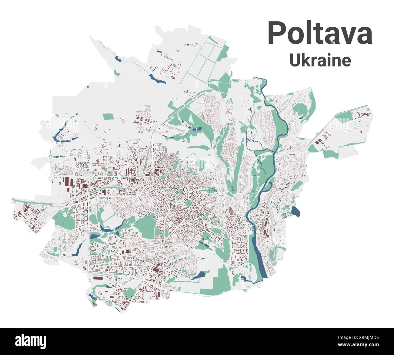 Mappa di Poltava, città in Ucraina. Mappa dell'area amministrativa municipale con edifici, fiumi e strade, parchi e ferrovie. Illustrazione vettoriale. Illustrazione Vettoriale