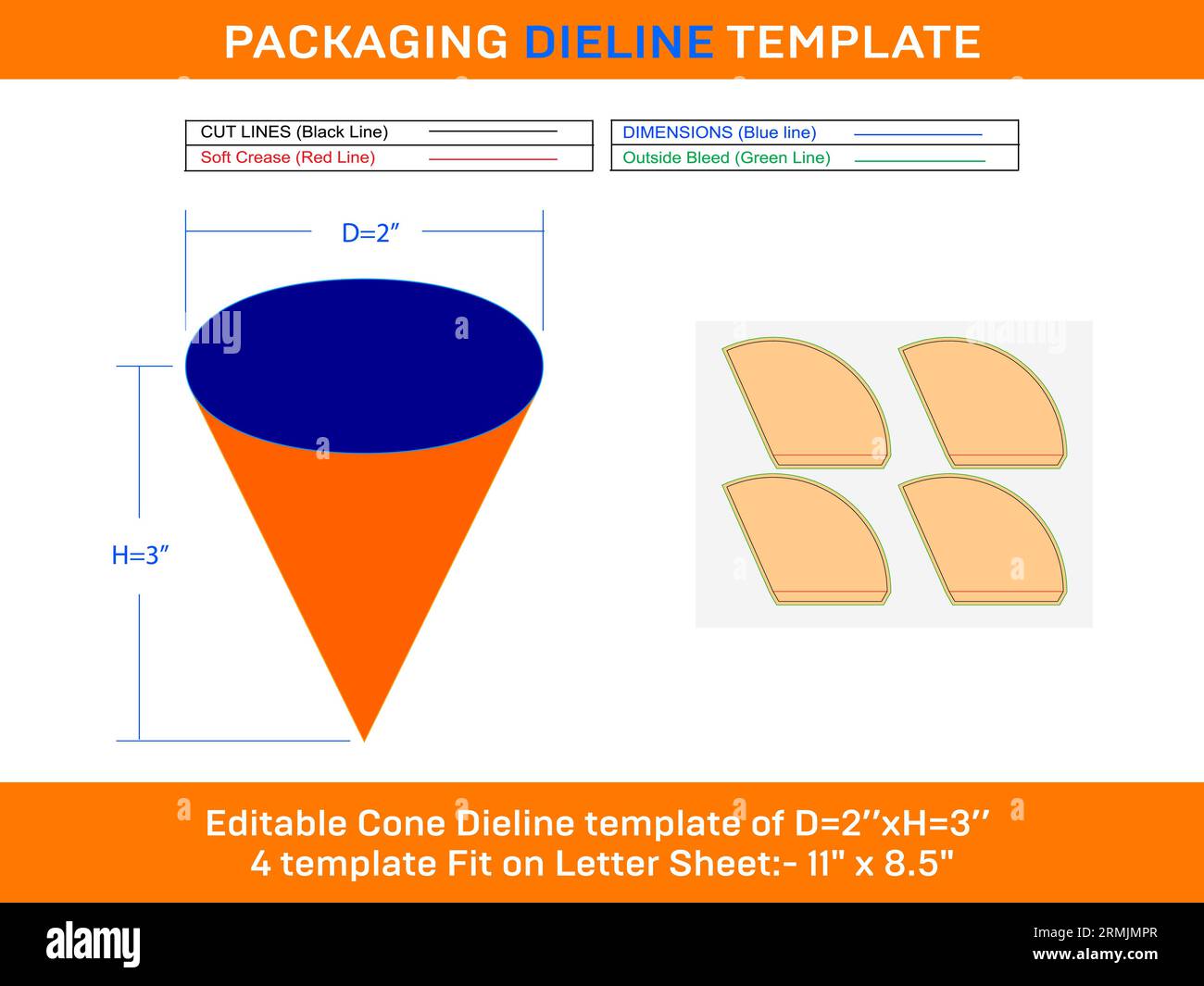 Cono gelato per torte D1 1,5xD2 2,5xH modello Dieline da 3 pollici Illustrazione Vettoriale