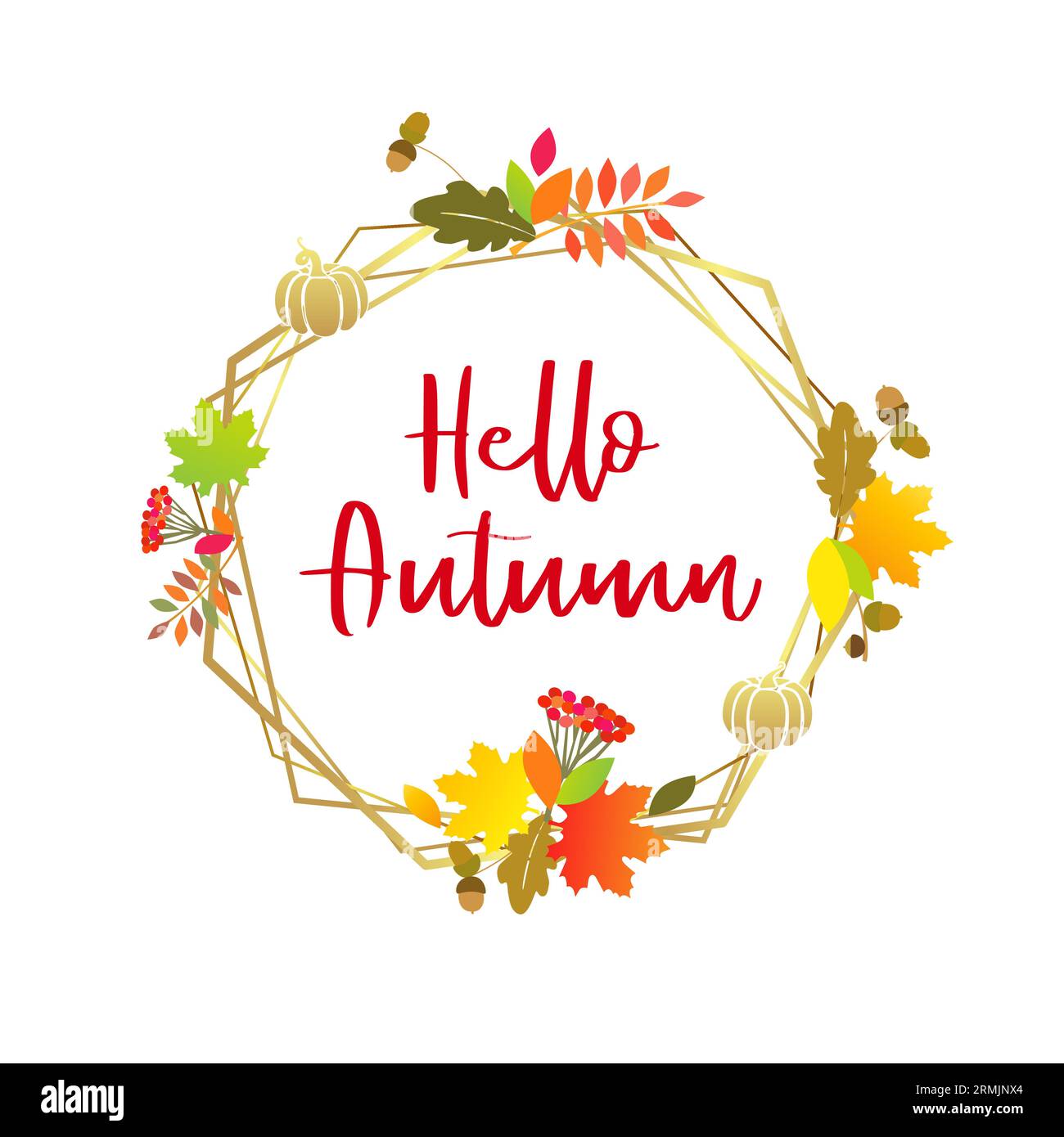 Ciao illustrazione vettoriale autunnale. Post sui social media. Corona rotonda con foglie colorate. Design del biglietto d'auguri. Poster, volantini, Web per la vendita o la promozione Illustrazione Vettoriale