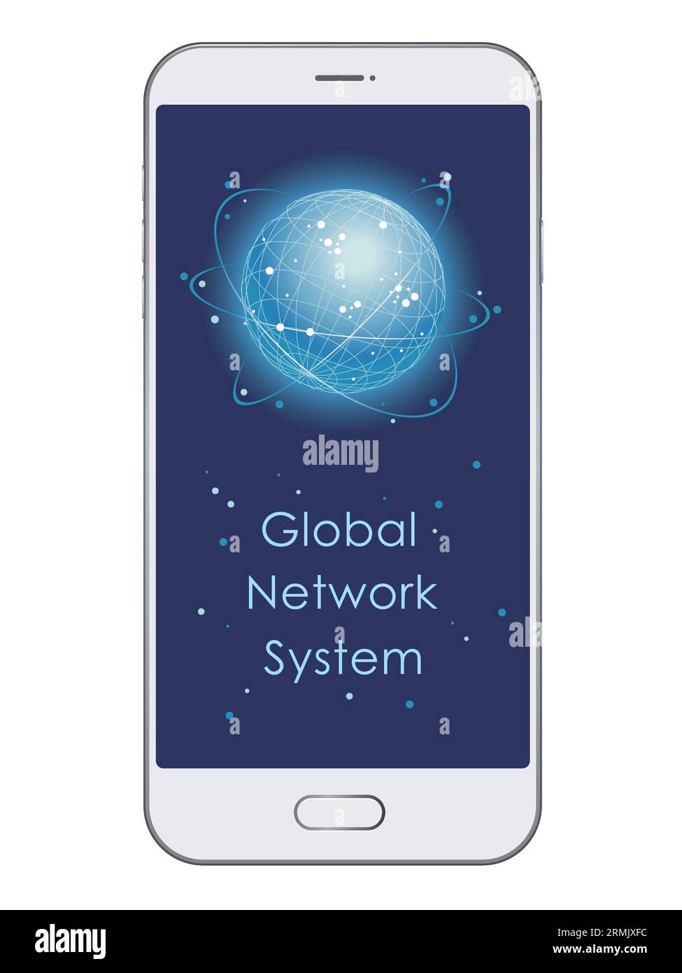Concetto di sistema di rete di comunicazione globale, illustrazione vettoriale. Icona del sistema di rete globale sul display Di Uno smartphone. Illustrazione Vettoriale