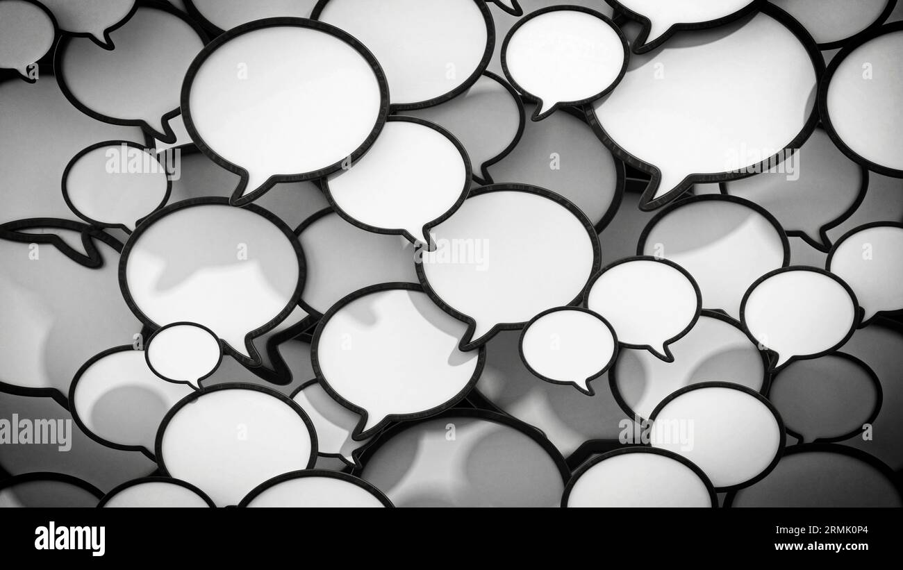 Bianco e nero palloncini di parlato formando uno sfondo. 3D'illustrazione. Foto Stock