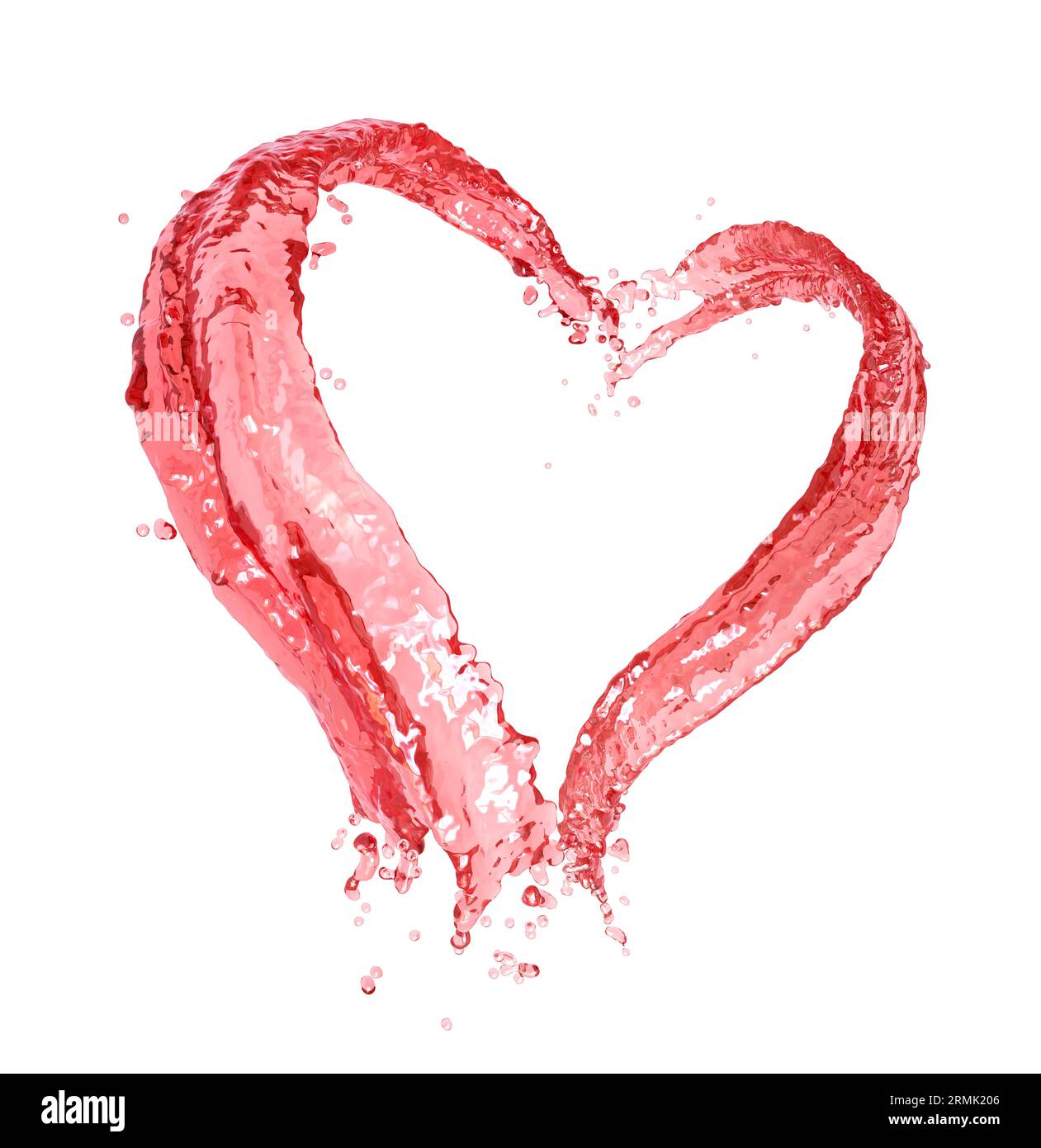 Schizzi d'acqua rossa che formano una forma di cuore isolata su sfondo bianco Foto Stock