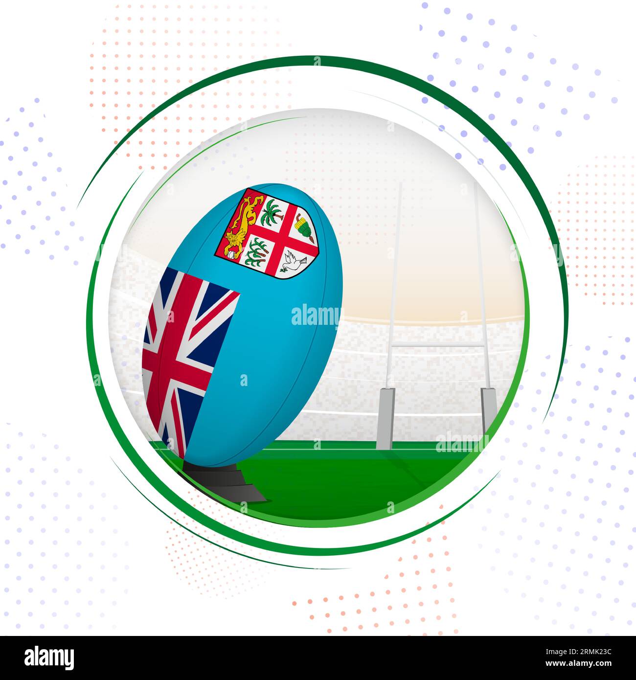 Bandiera delle Figi sulla palla da rugby. Icona del rugby rotondo con bandiera delle Figi. Illustrazione vettoriale. Illustrazione Vettoriale