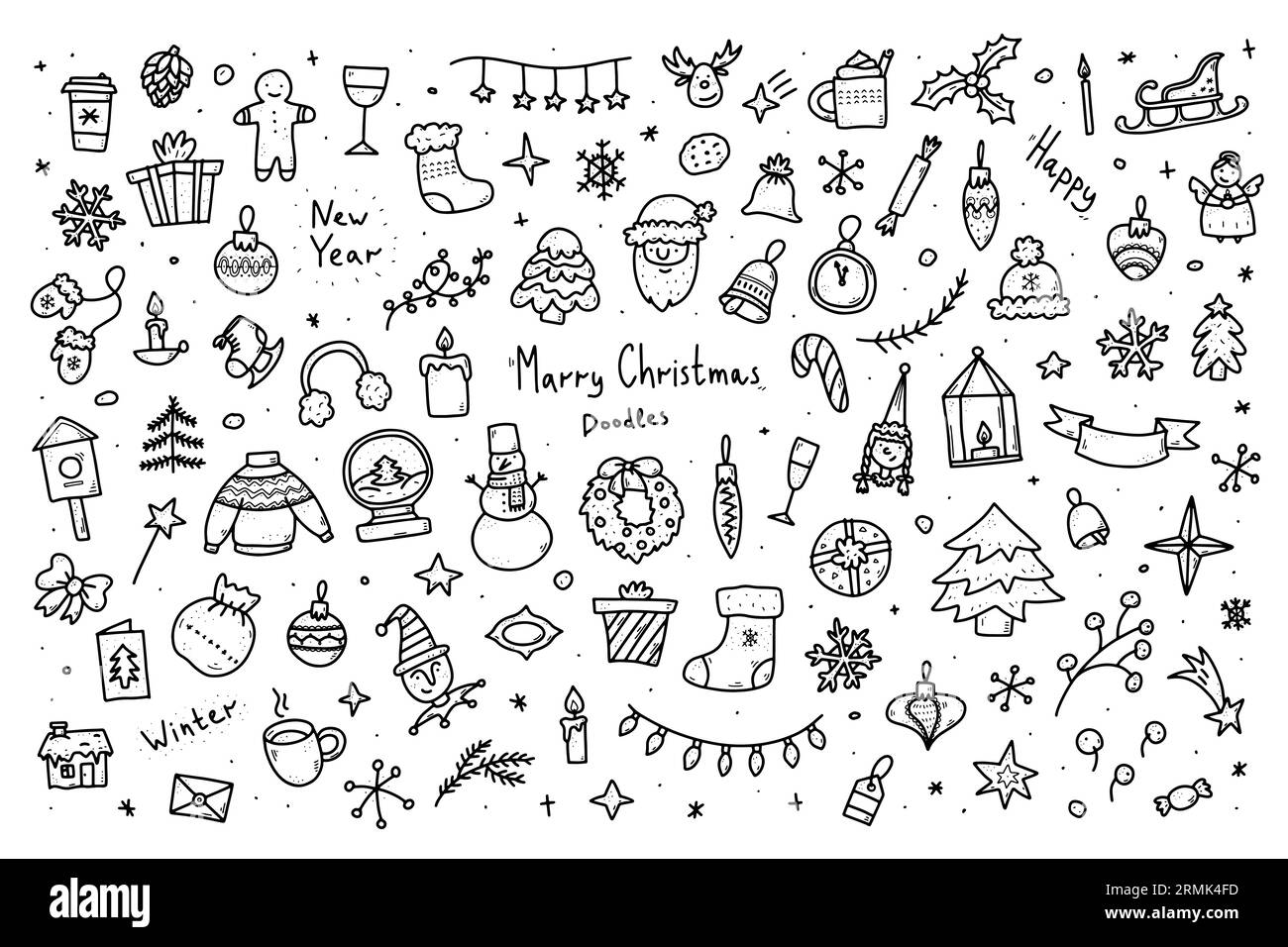 Set natalizio Doodle. Simboli di Capodanno disegnati a mano. Segnali per le vacanze invernali. Personaggi natalizi, alberi di Natale, decorazioni, cibo. Contorno Santa, garland C. Illustrazione Vettoriale