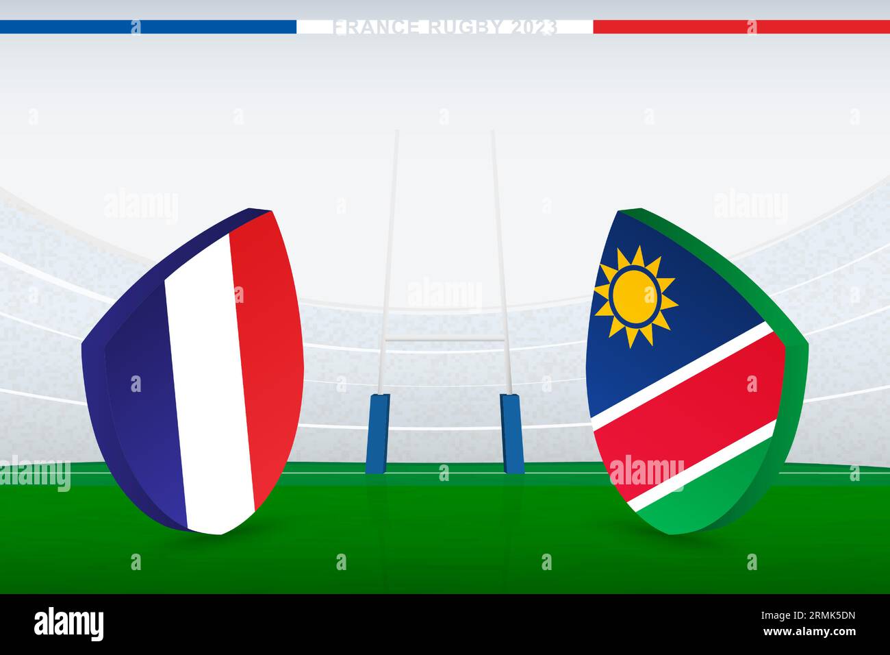 Partita tra Francia e Namibia, immagine dell'icona della bandiera del rugby nello stadio di rugby. Illustrazione vettoriale. Illustrazione Vettoriale