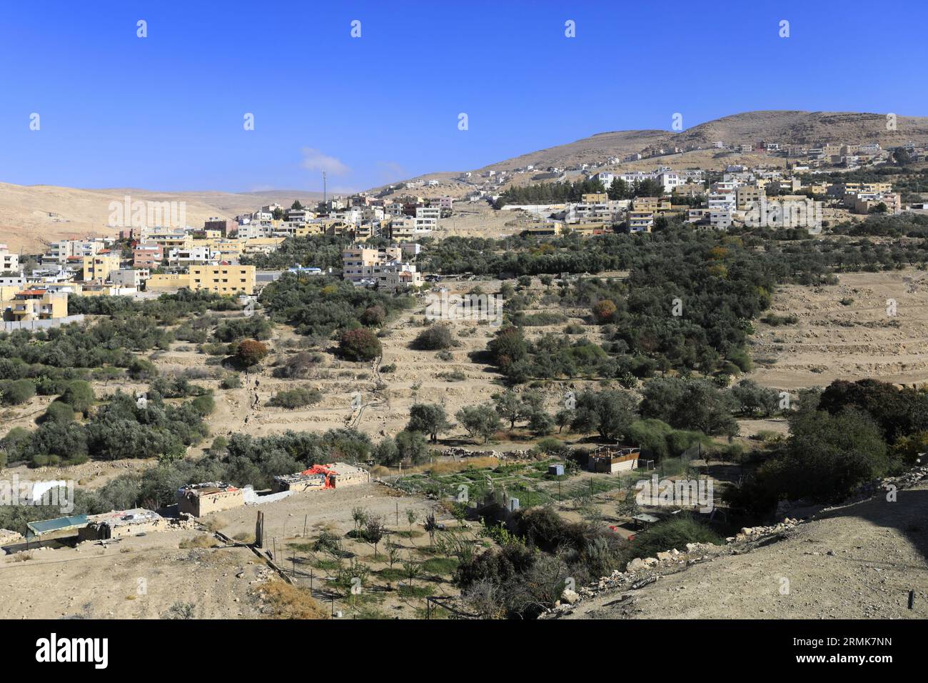 Vista delle case e delle strade della città di Wadi Musa, Giordania, Medio Oriente Foto Stock