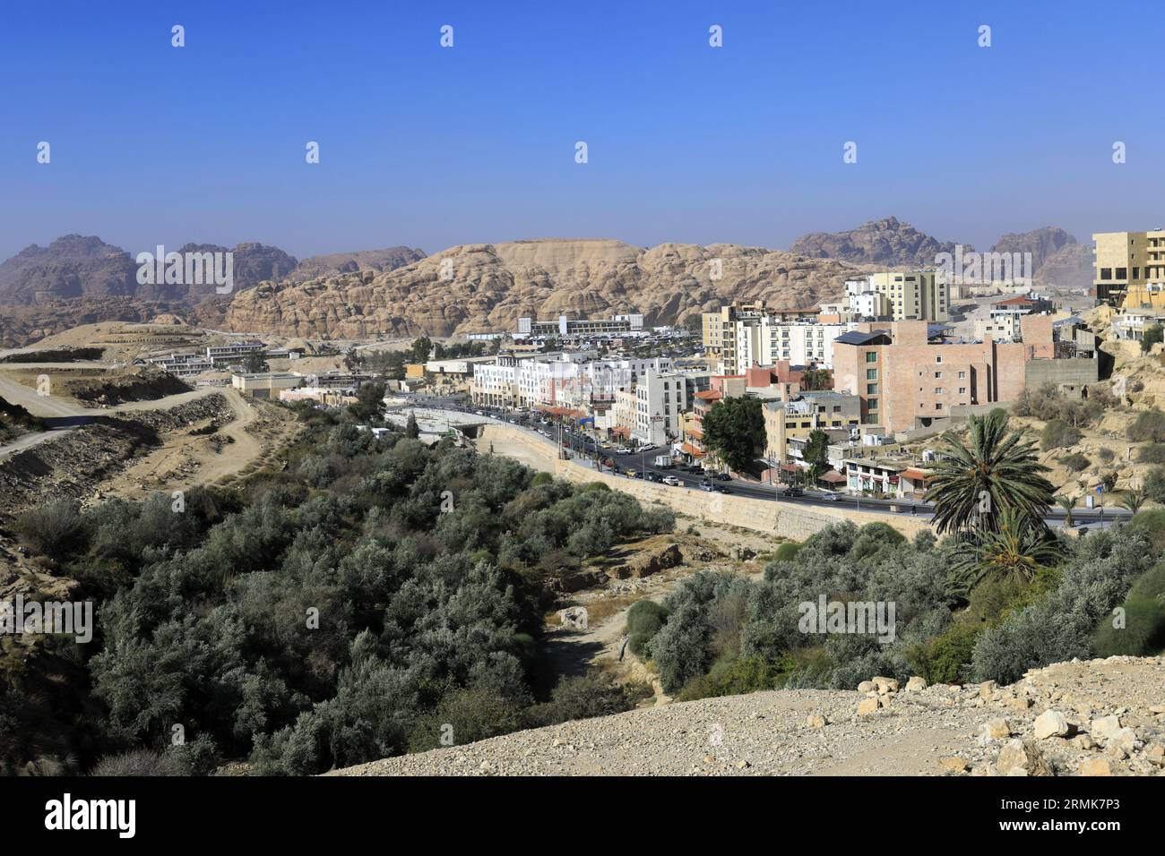 Vista delle case e delle strade della città di Wadi Musa, Giordania, Medio Oriente Foto Stock