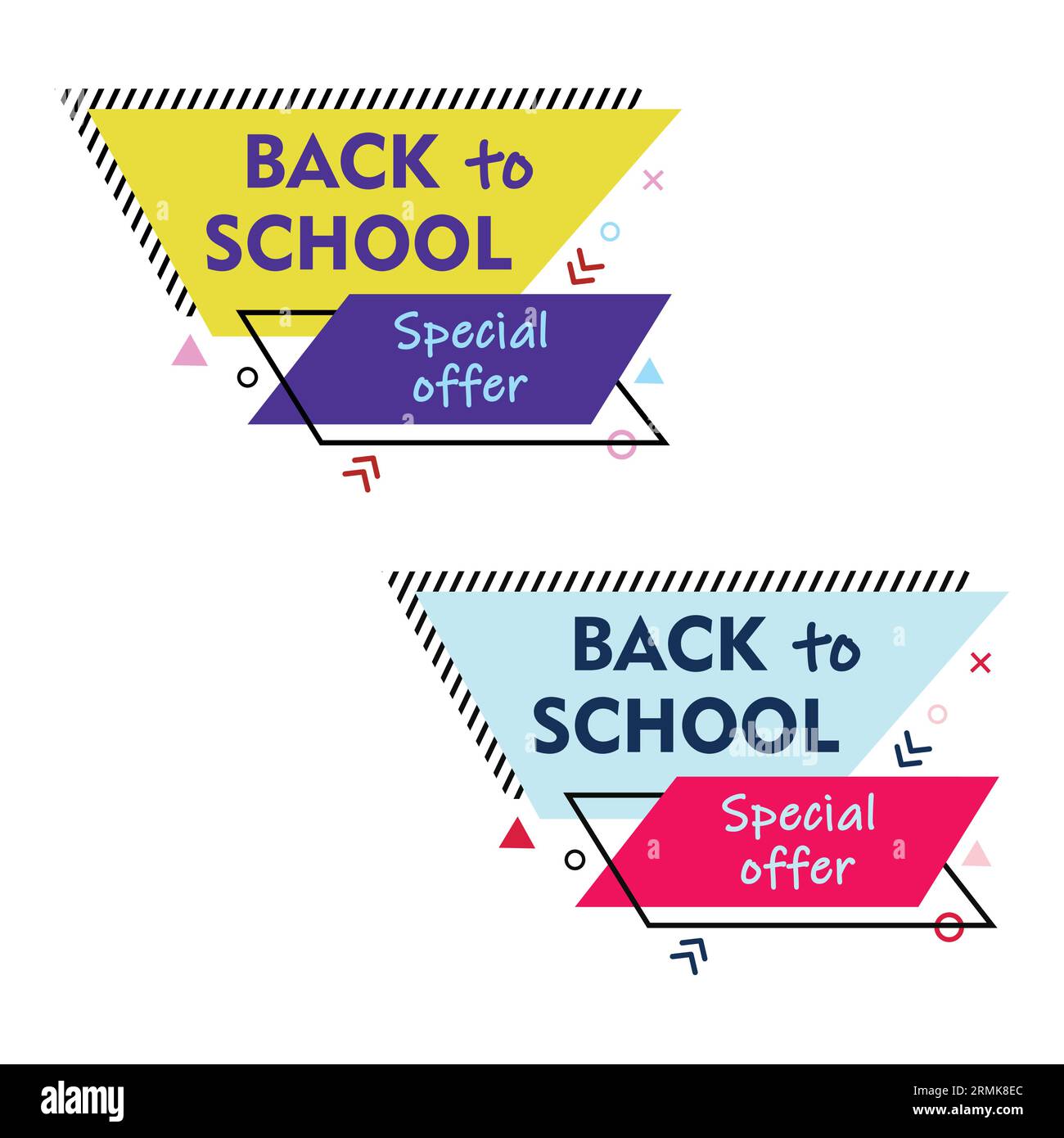 Adesivi Back to School in stile Memphis con trapezoidale, parallelogramma e linee Illustrazione Vettoriale